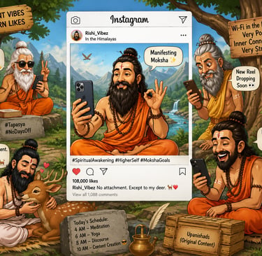 Digital illustration of Himalayan yogis using smartphones and social media in a humorous modern forest setting.