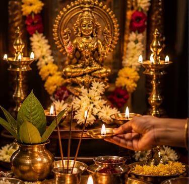 Traditional Hindu prayer altar with a golden Lakshmi idol, lit oil lamps, and flower garlands for Diwali puja.