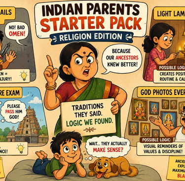 An infographic titled Indian Parents Starter Pack Religion Edition explaining cultural traditions and logic behind them.