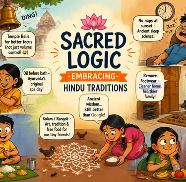 An educational illustration titled Sacred Logic explaining Hindu traditions like Ayurveda, Kolam, and temple bells.