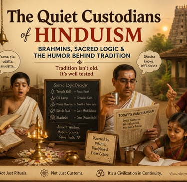 A multigenerational Brahmin family practicing Hindu traditions with ancient scriptures and modern humor.