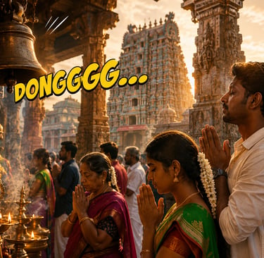 Hindu devotees praying at an ancient Indian temple with a large bronze bell and ornate gopuram architecture.