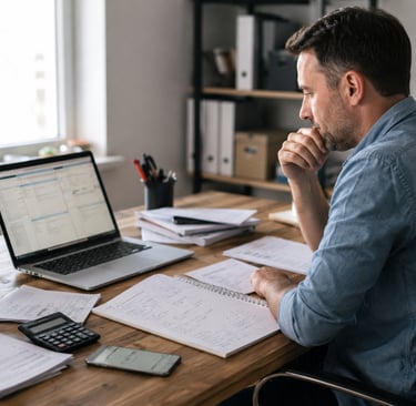 Small business owner reviewing a long to-do list at their desk before starting work.