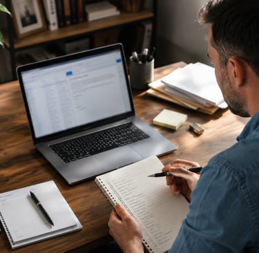 Small business owner reviewing work at a laptop with notes and business tasks nearby.