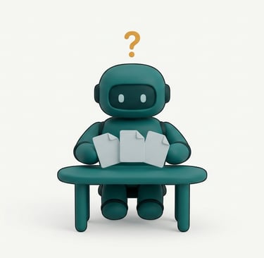 A friendly 3D robot producing three identical documents, illustrating how AI tools generate generic,