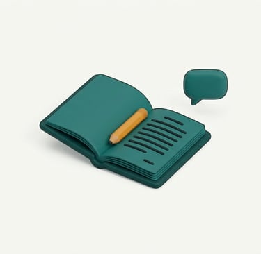 A small open branded booklet with a pencil on top and a speech bubble beside it, representing a bran