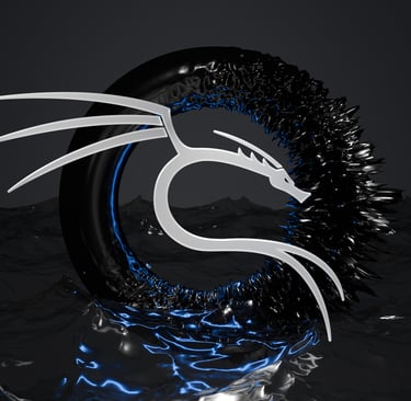 Kali Linux dragon logo in 3D silver chrome over a dark liquid ocean with a black ring.