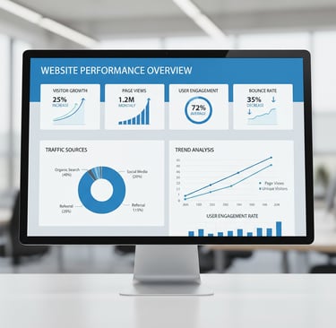 Website traffic and engagement metrics dashboard showing visitor growth and increased conversions