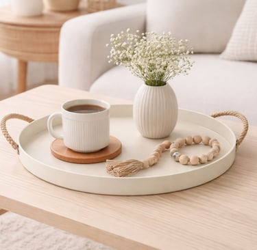 Minimalist round serving tray with a coffee mug, white flower vase, and wooden beads on a light oak coffee table.