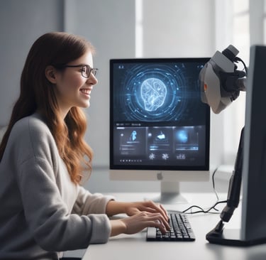 Team collaborating in a sleek, modern office with AI technology visuals on screens