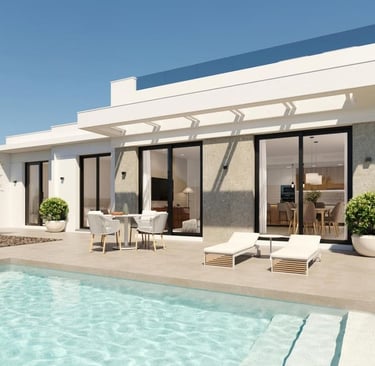 Villa de luxe moderne avec piscine privée, chaises longues et espace repas extérieur sur le patio.