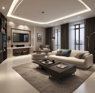 Woman listens to music with her dog by the window.