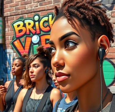 Young woman with short twist braids wearing earbuds in front of colorful urban graffiti art.
