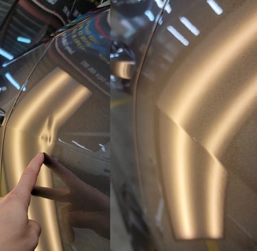Before and after comparison of paintless dent repair on a grey car door panel.