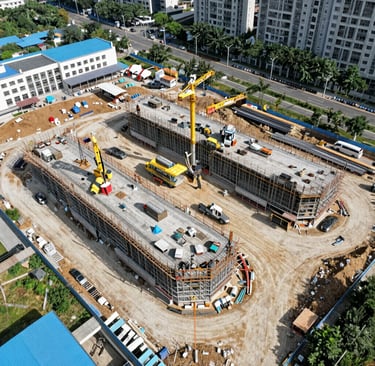 Time-lapse image of bustling large-scale construction site with cranes and modern machinery.
