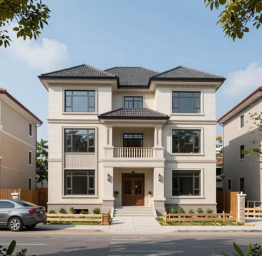 Wide-angle view of a luxury residential complex featuring concrete and glass with sharp architectural lines.