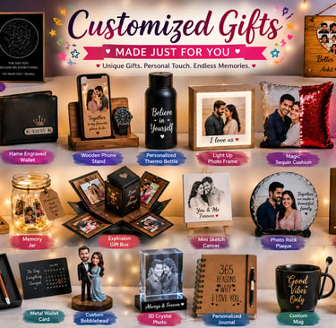 A wide assortment of customized gifts including a personalized photo lamp, engraved wallet, and custom mugs.