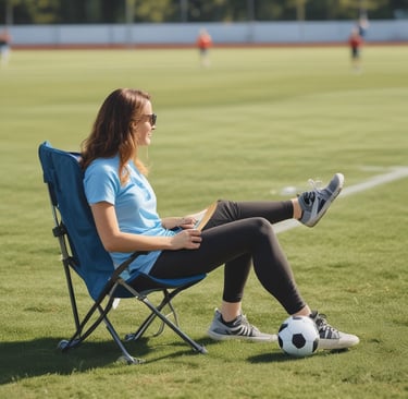 A cheerful soccer mom holding a cooler bag beside a soccer field filled with kids playing.
