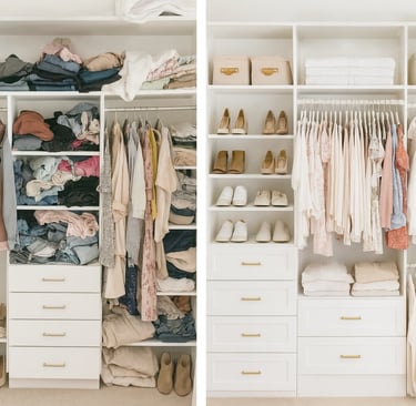 Before and After of a Professional organized Closet by a decluttering experts: Transform Homes & Co