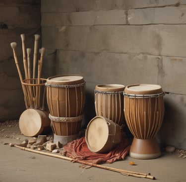 A set of bronze Viking horns displayed on rustic wooden shelves.