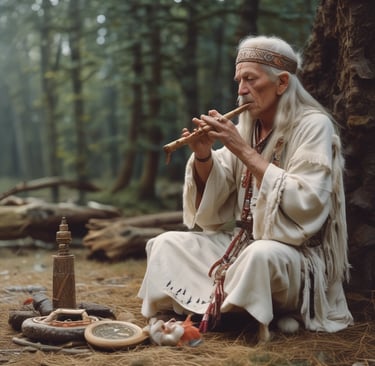 A traditional shamanic flute resting on a bed of moss and stones.