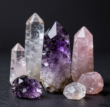 A close-up of shimmering amethyst and smoky quartz crystals glowing softly against a dark velvet background.