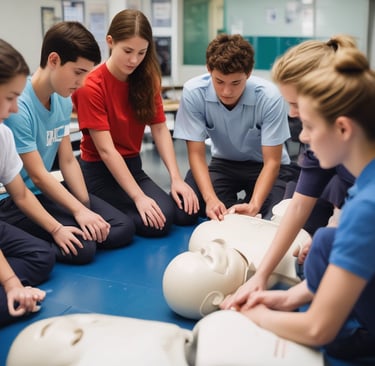 Instructor explaining emergency protocols to a small group in a cozy classroom setting.