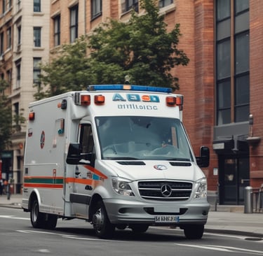 Ambulance parked outside a training facility with instructors preparing equipment.