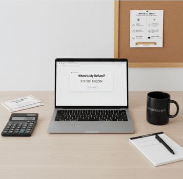 Professional tax planning workspace with calculator and laptop for 2026 refund strategy.