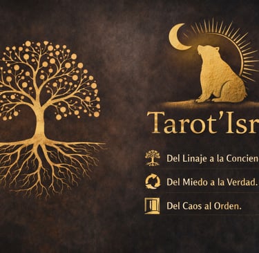 Tarot Isra logo featuring a golden tree of life, bear under a crescent moon, and spiritual Spanish text.