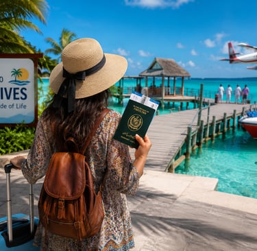 "Pakistani traveler arriving in the Maldives with a passport, luggage, and tropical island views, hi