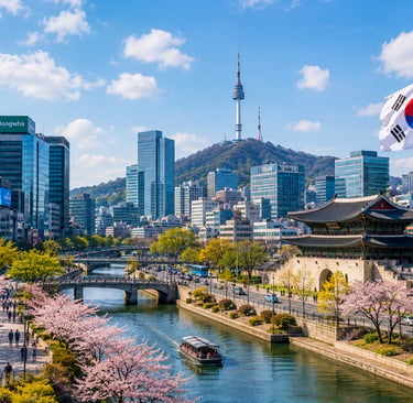 Beautiful Seoul city skyline with N Seoul Tower and Korean palace