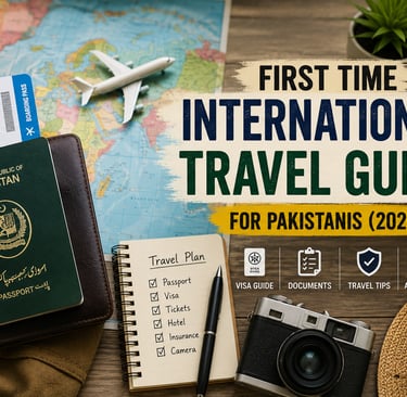 Professional travel planning setup with Pakistani passport, visa application documents, tickets