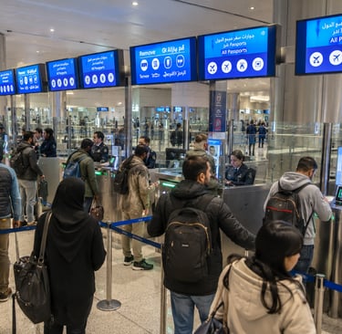"Airport immigration checkpoint with biometric passport control and travelers."