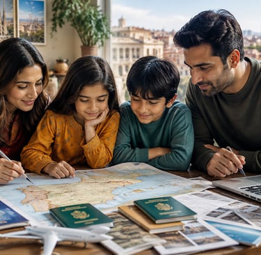 Pakistani family planning a Spain vacation with passports, travel documents, laptop, map, and coffee