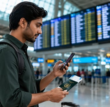 Pakistani traveler checking visa updates at the airport