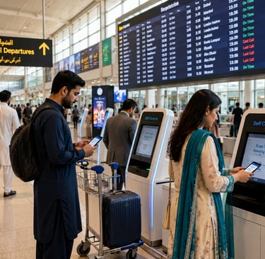 Pakistani travelers at a modern international airport