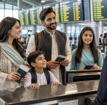 Pakistani passport with approved Qatar visa, travel documents, airplane,
