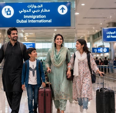 Pakistani family arriving at Dubai International Airport with luggage (2026)