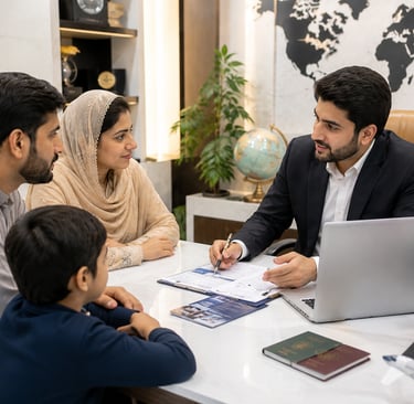 Pakistani family consulting a visa expert for a Bahrain visa application.