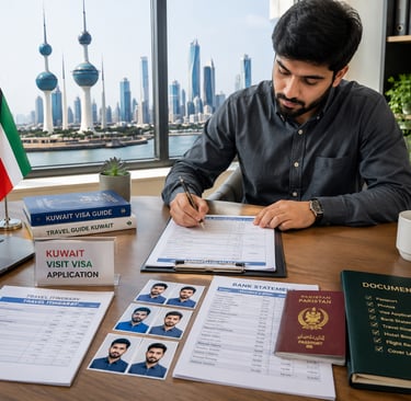 Pakistani traveler preparing Kuwait visit visa documents for 2026 application.