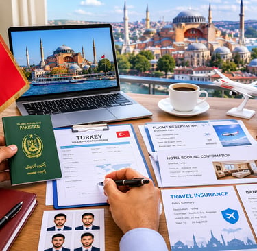 Pakistani traveler preparing Turkey visa application documents, including passport, bank statement, 