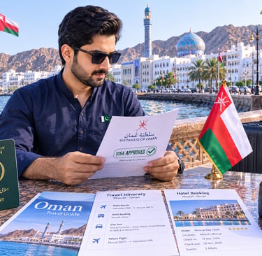 Pakistani family consulting a visa expert for an Oman visa application with passports
