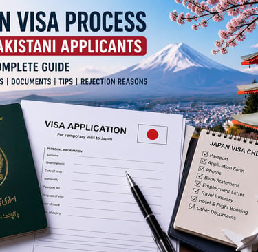 Japan visa process for Pakistani applicants 2026 featuring a Pakistani passport, Japan visa applicat