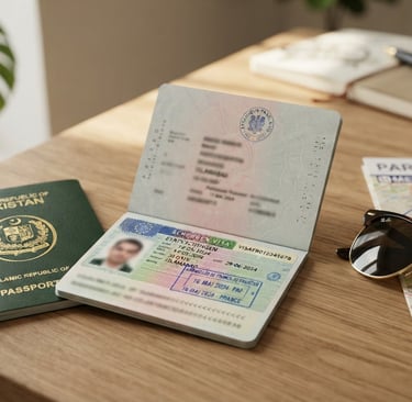Pakistani passport and France visa application documents for travel to France in 2026