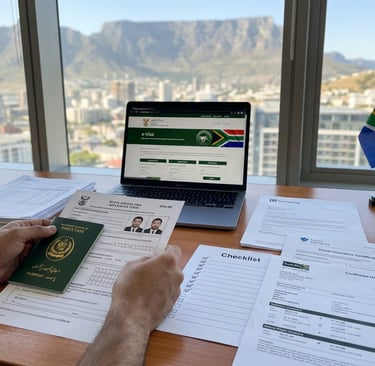 Pakistani traveler preparing South Africa visa documents, including passport, bank statements