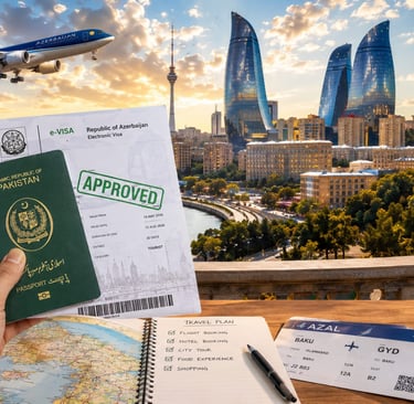 "Azerbaijan Tourist Visa for Pakistani Citizens 2026 complete application guide with Baku skyline an