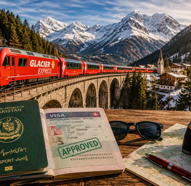 Pakistani passport with approved Switzerland visa on a wooden travel desk, iconic red Glacier Expres