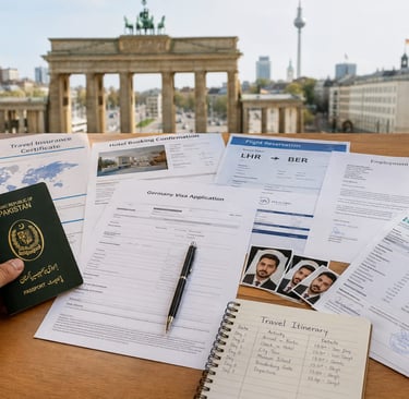 Pakistani applicant preparing Germany visa documents, passport, bank statements, travel insurance, 