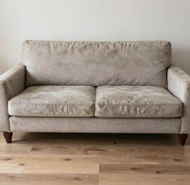 The same sofa after cleaning, looking fresh, bright, and inviting with natural light highlighting the fabric texture.